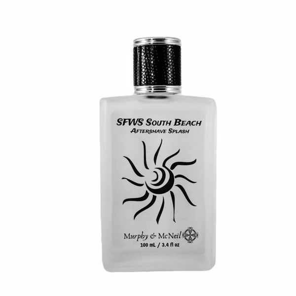 SFWS South Beach Aftershave Splash bottle with tropical coconut and banana scent, designed for post-shave care.