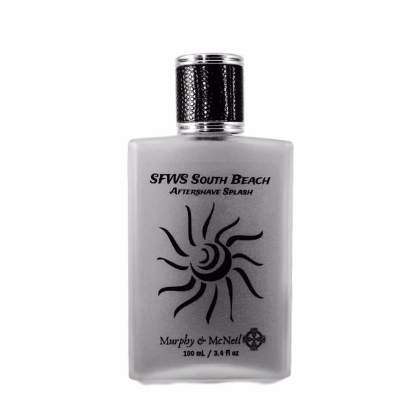 SFWS South Beach Aftershave Splash bottle with tropical coconut and banana scent, designed for post-shave care.