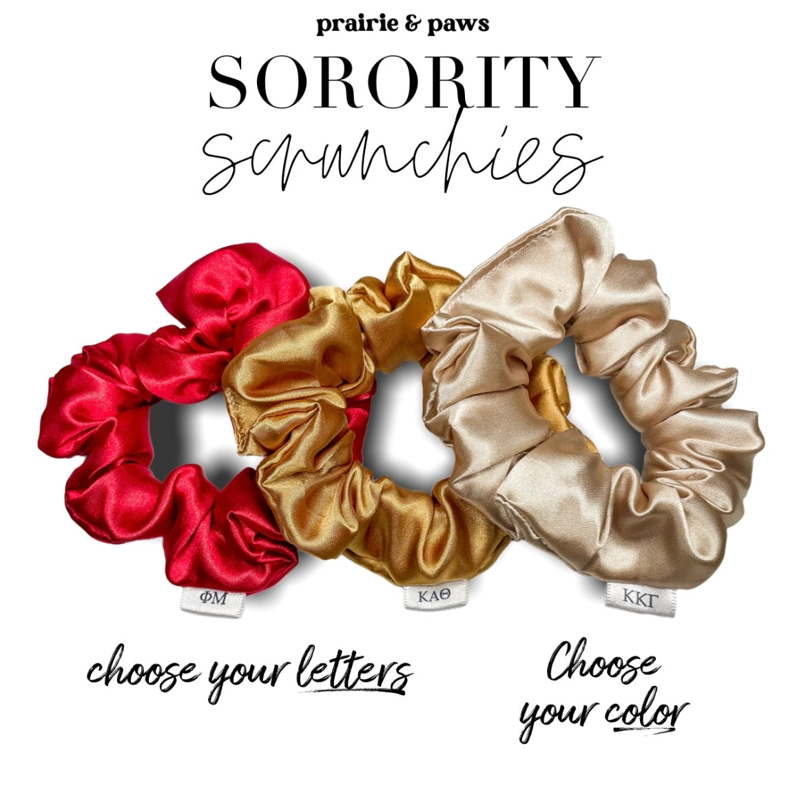 A collection of colorful sorority scrunchies featuring customizable letters, showcasing vibrant designs and soft fabric.