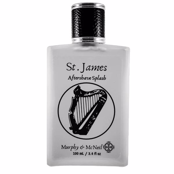 St. James Aftershave Splash by Murphy and McNeil, featuring a vintage-inspired label and a rich amber liquid inside a sleek bottle.