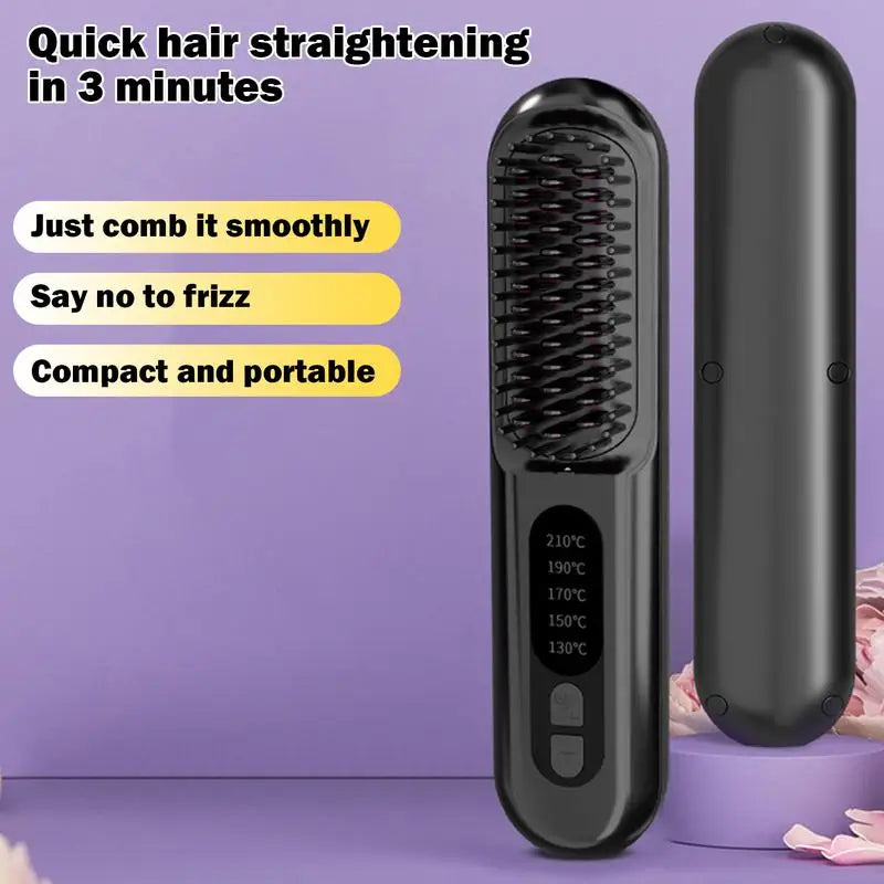 Wireless Hair Straightener Brush in sleek black design, showcasing its compact size and ergonomic shape for easy handling.