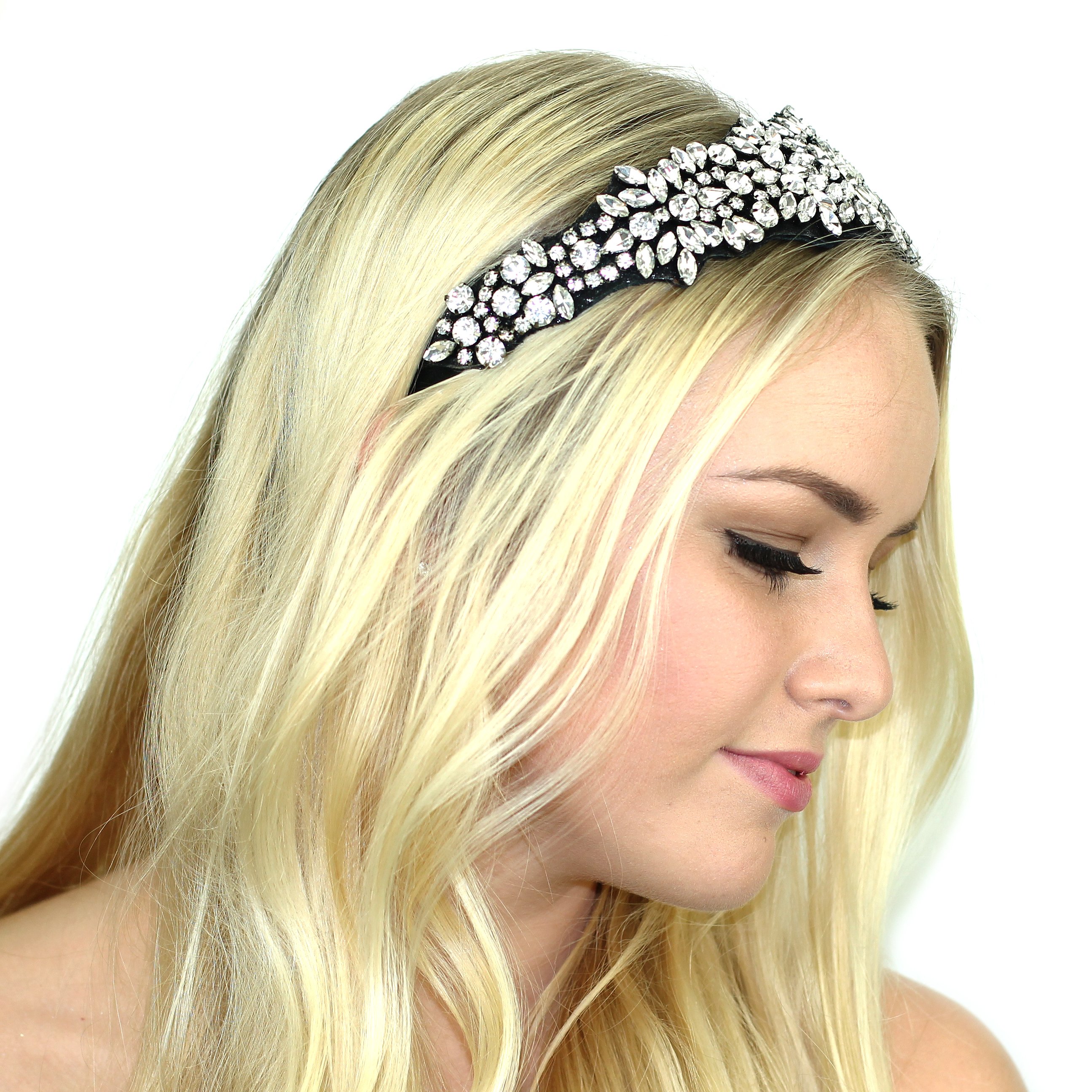 A luxurious suede headband adorned with sparkling glass rhinestones and adjustable silk ties, perfect for elegant occasions.