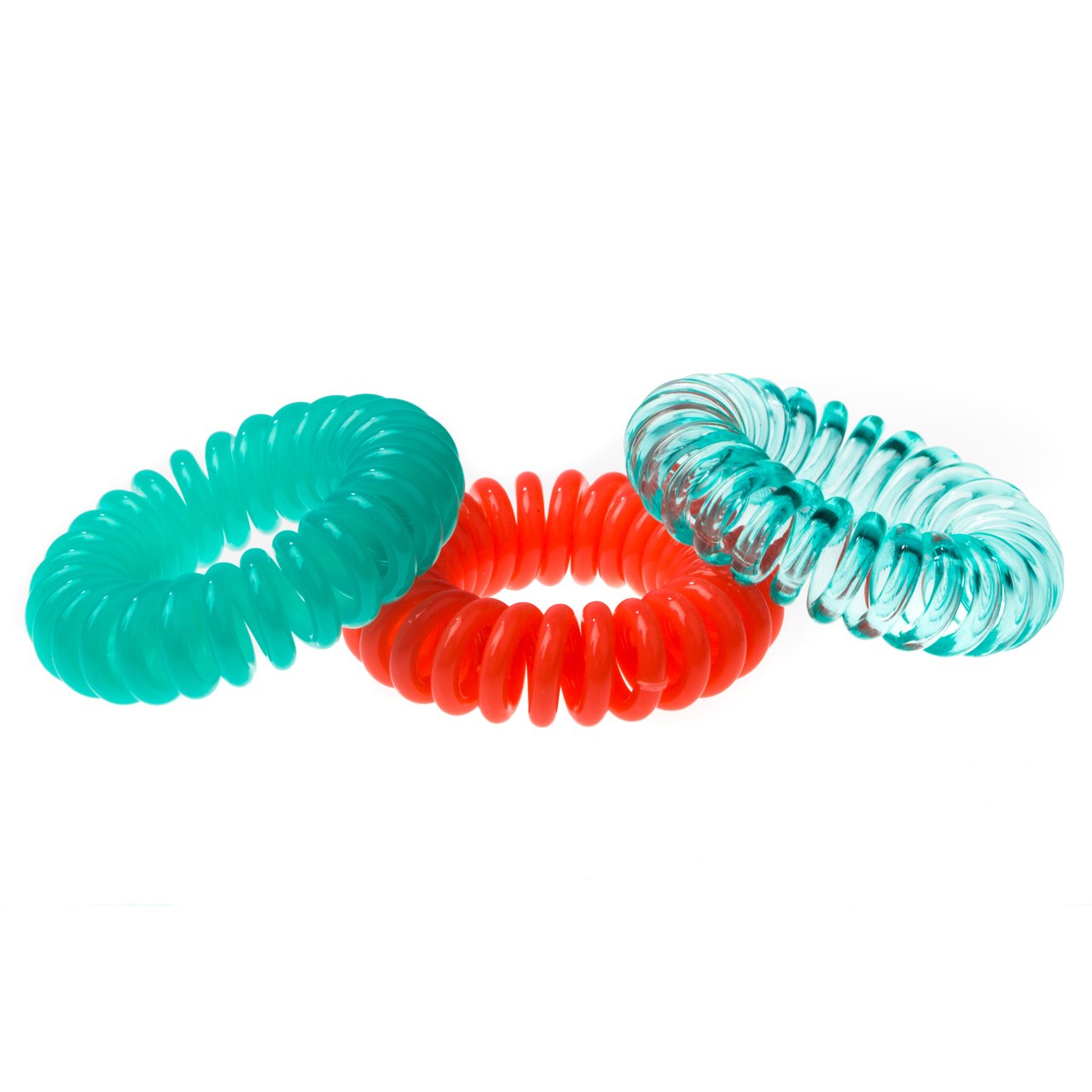 Sugar Twists® coil hair ties in various colors, showcasing their unique spiral design and eco-friendly materials.