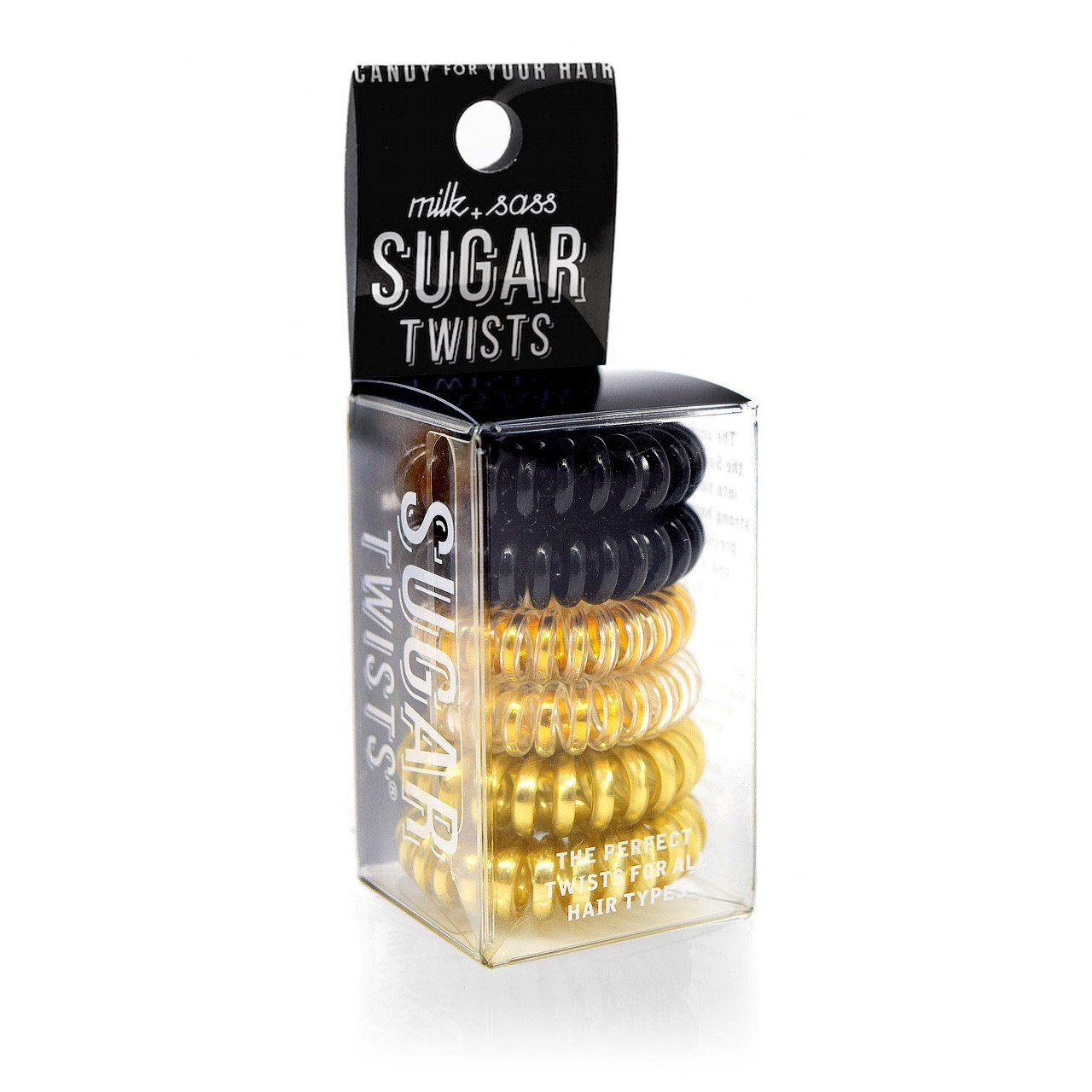 Sugar Twists® coil hair ties in various colors, showcasing their unique spiral design and eco-friendly materials.