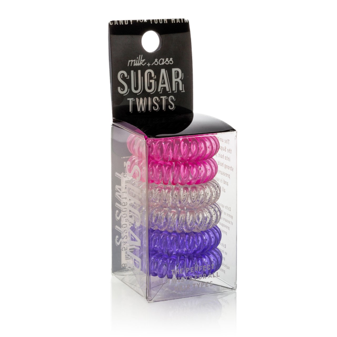 Sugar Twists® coil hair ties in various colors, showcasing their unique spiral design and eco-friendly materials.