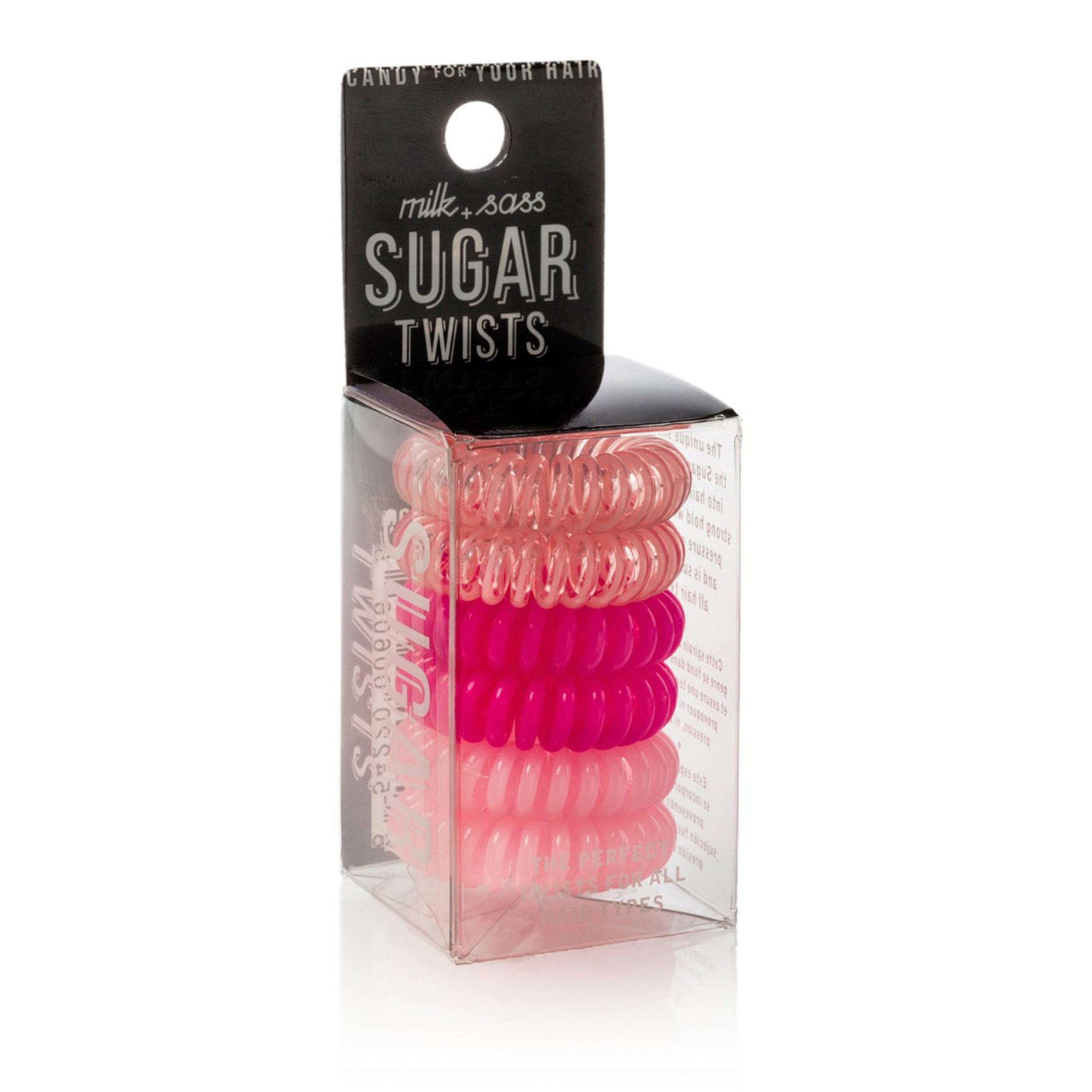 Sugar Twists® coil hair ties in various colors, showcasing their unique spiral design and eco-friendly materials.