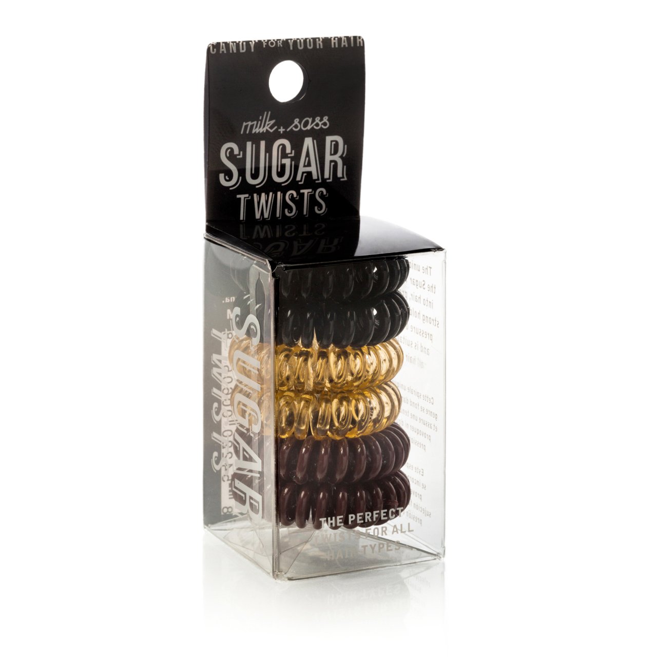 Sugar Twists® coil hair ties in various colors, showcasing their unique spiral design and eco-friendly materials.