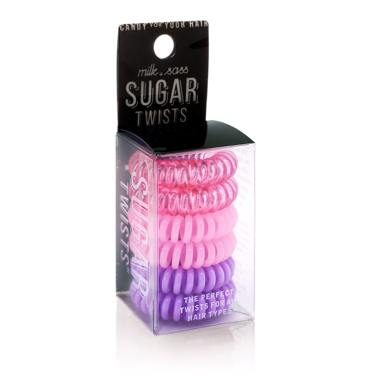 Sugar Twists® coil hair ties in various colors, showcasing their unique spiral design and eco-friendly materials.