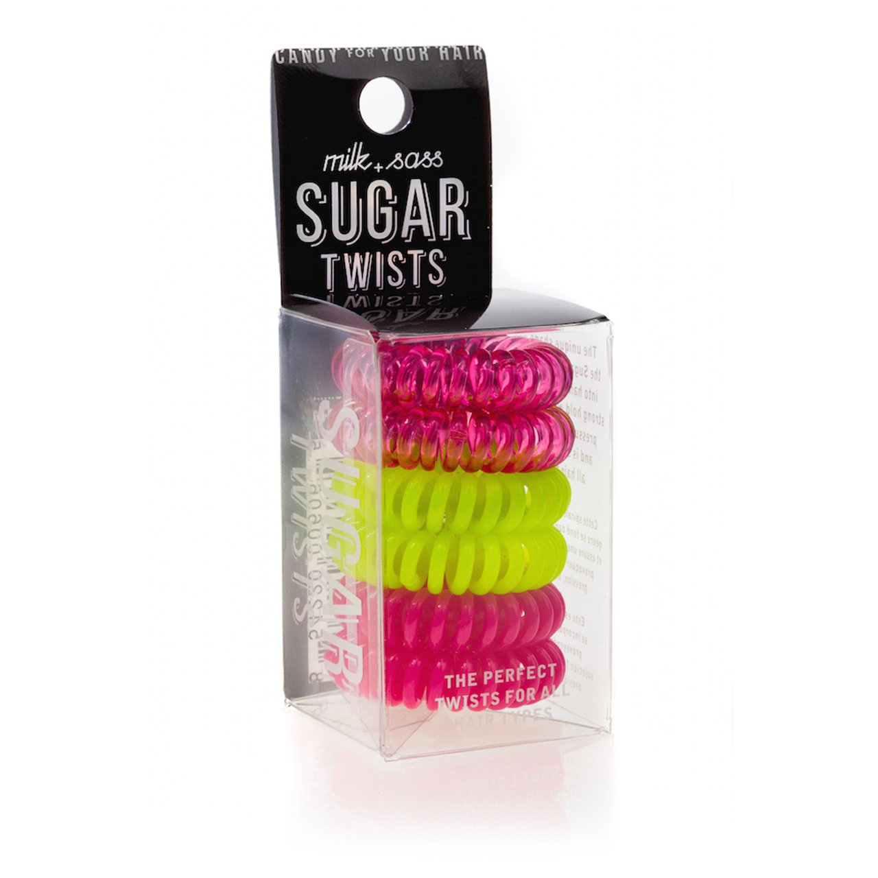 Sugar Twists® coil hair ties in various colors, showcasing their unique spiral design and eco-friendly materials.