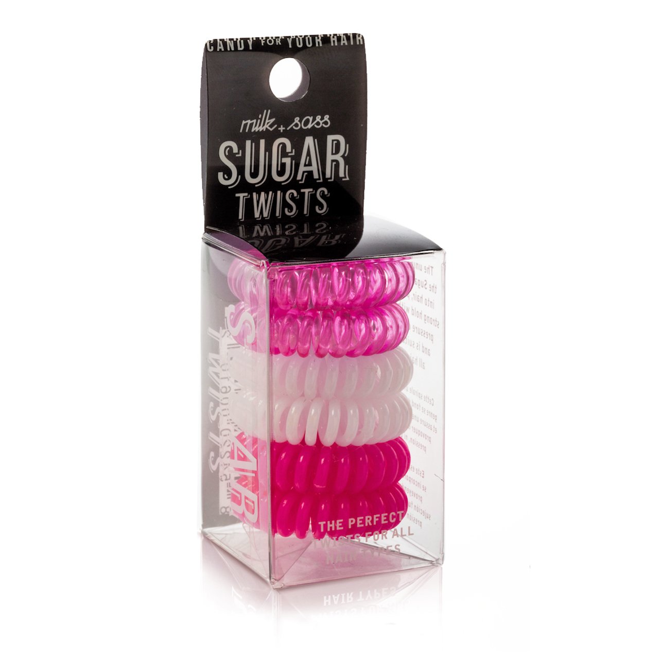 Sugar Twists® coil hair ties in various colors, showcasing their unique spiral design and eco-friendly materials.