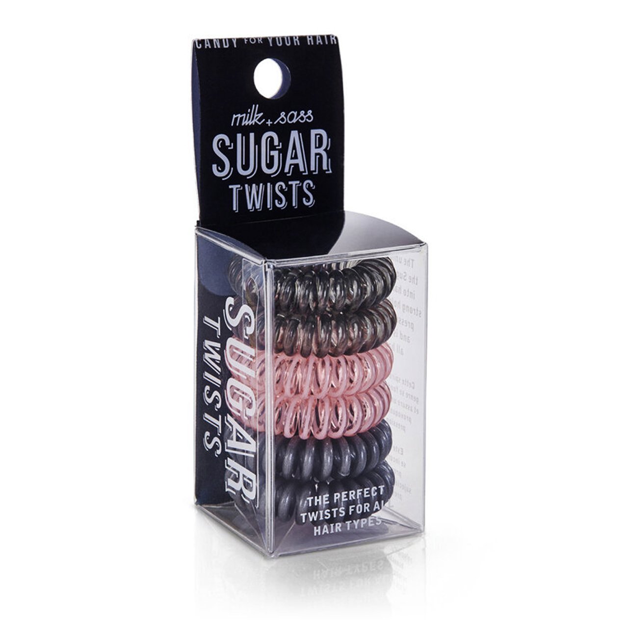 Sugar Twists® coil hair ties in various colors, showcasing their unique spiral design and eco-friendly materials.