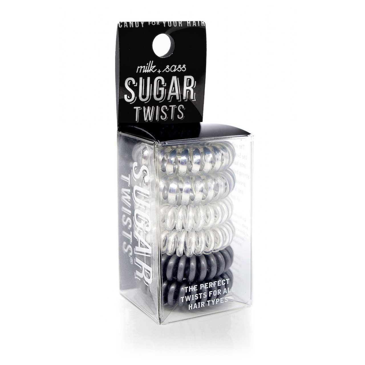 Sugar Twists® coil hair ties in various colors, showcasing their unique spiral design and eco-friendly materials.