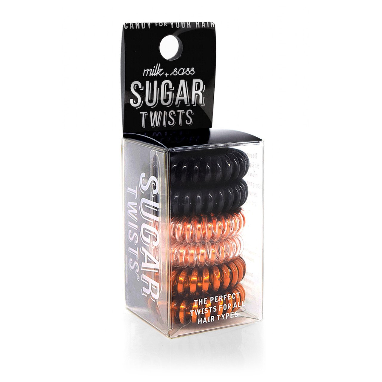 Sugar Twists® coil hair ties in various colors, showcasing their unique spiral design and eco-friendly materials.