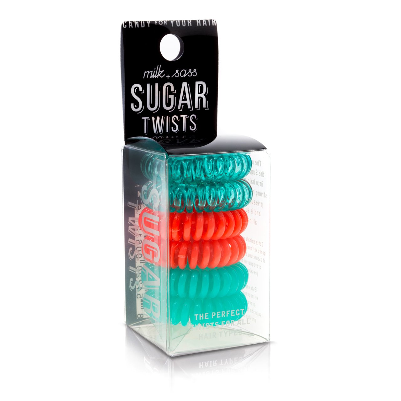 Sugar Twists® coil hair ties in various colors, showcasing their unique spiral design and eco-friendly materials.