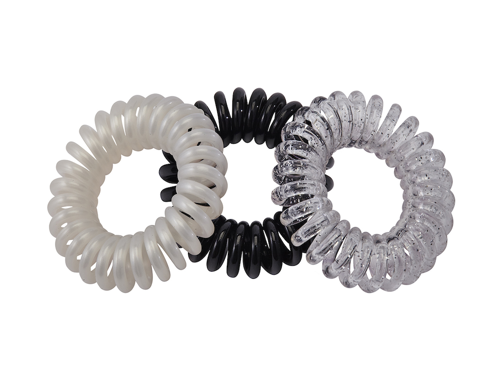 Sugar Twists® coil hair ties in various colors, showcasing their unique spiral design and eco-friendly materials.