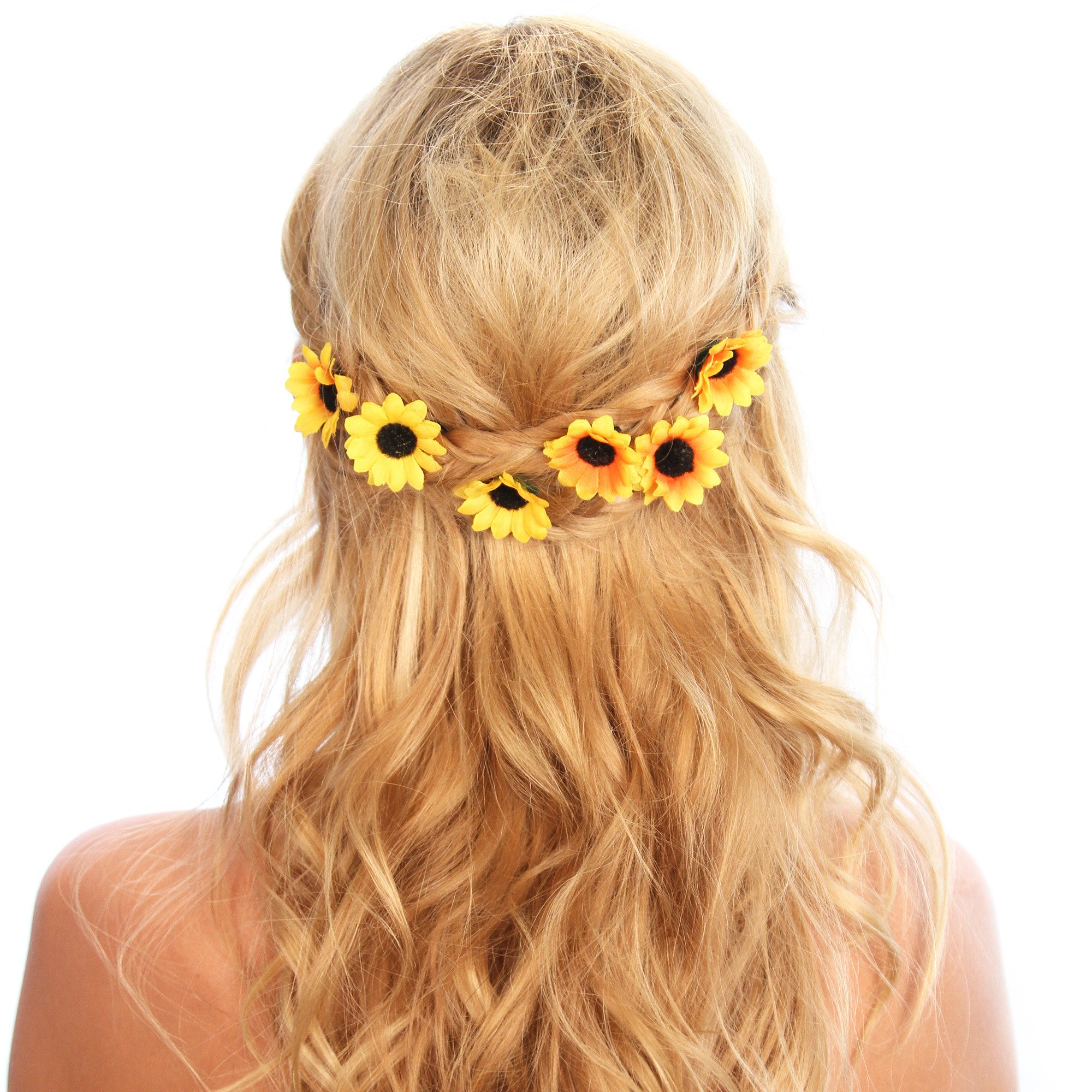 A set of six sunflower hair grips featuring vibrant yellow sunflowers on bobby pins, perfect for adding flair to hairstyles.