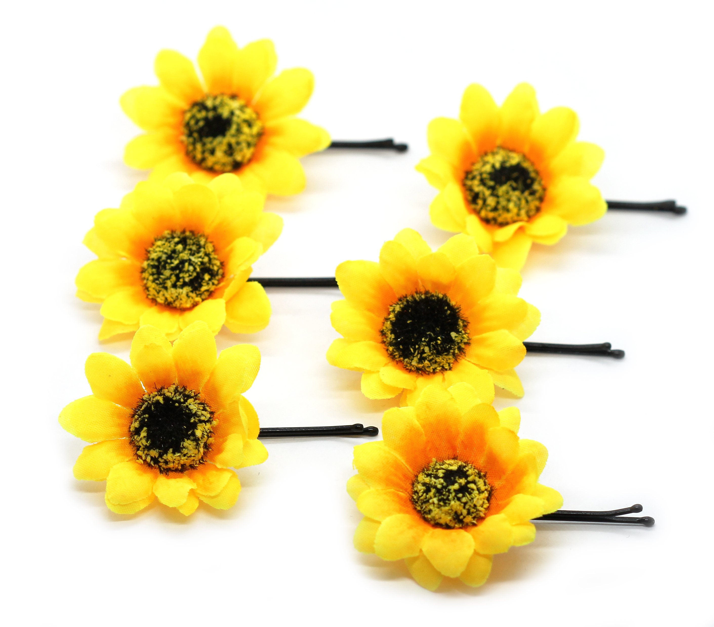 A set of six sunflower hair grips featuring vibrant yellow sunflowers on bobby pins, perfect for adding flair to hairstyles.