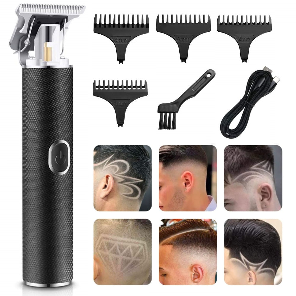 T Blade Trimmer featuring sharp T-blade, powerful motor, and USB charging port, designed for baldhead and beard grooming.