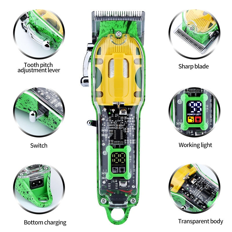 T Hair Trimmer Electric Clipper with transparent design and LCD display, ideal for beard and hair grooming.