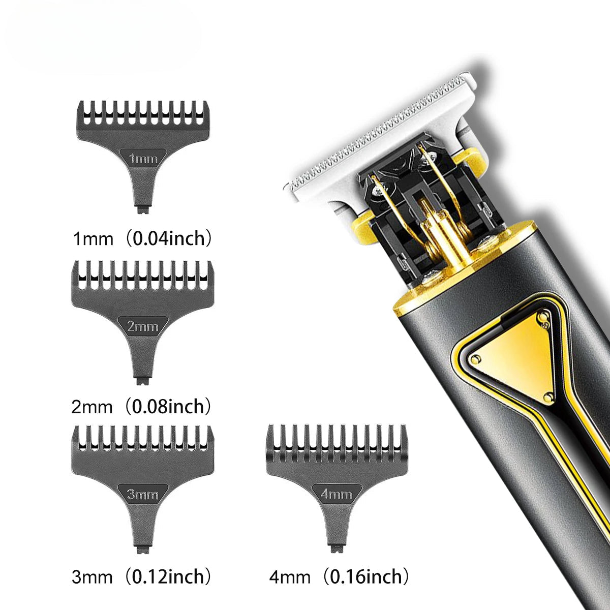 T9 Hair Clipper Metal Hair Trimmer with stainless steel blades and USB charging cable, designed for professional grooming.