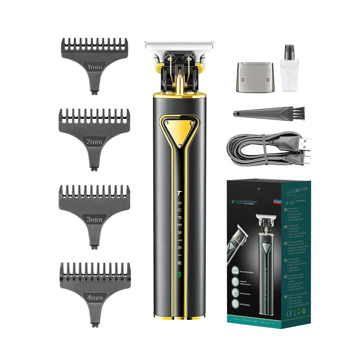 T9 Hair Clipper Metal Hair Trimmer with stainless steel blades and USB charging cable, designed for professional grooming.