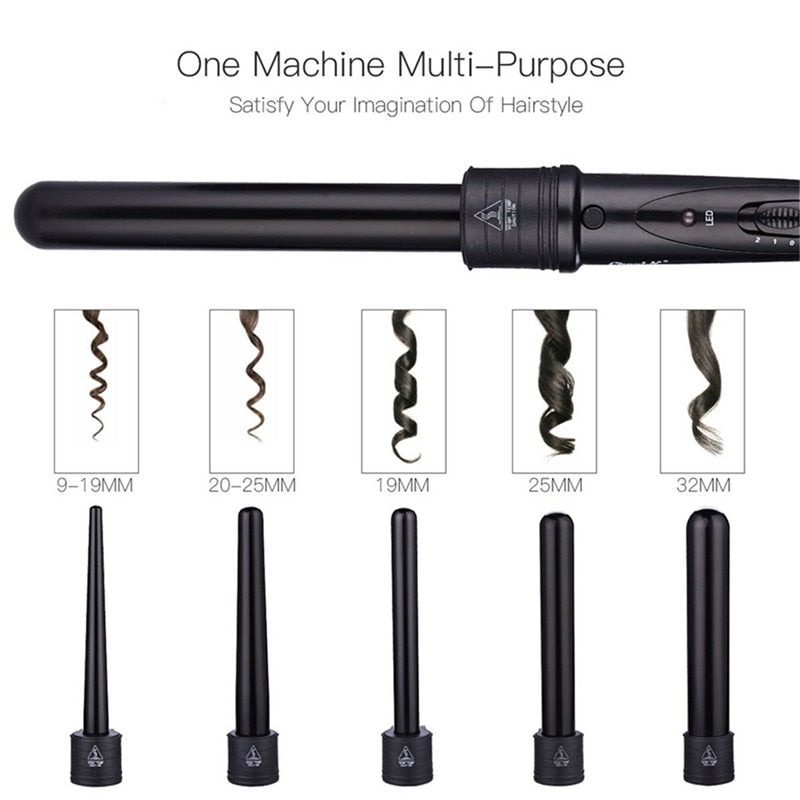 Tourmaline Ceramic Electric Curling Iron with multiple barrel sizes for versatile styling, featuring a sleek design and 360-degree rotating cord.