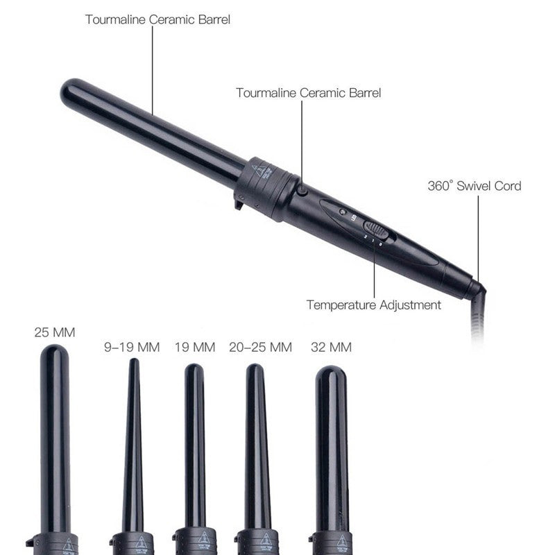 Tourmaline Ceramic Electric Curling Iron with multiple barrel sizes for versatile styling, featuring a sleek design and 360-degree rotating cord.