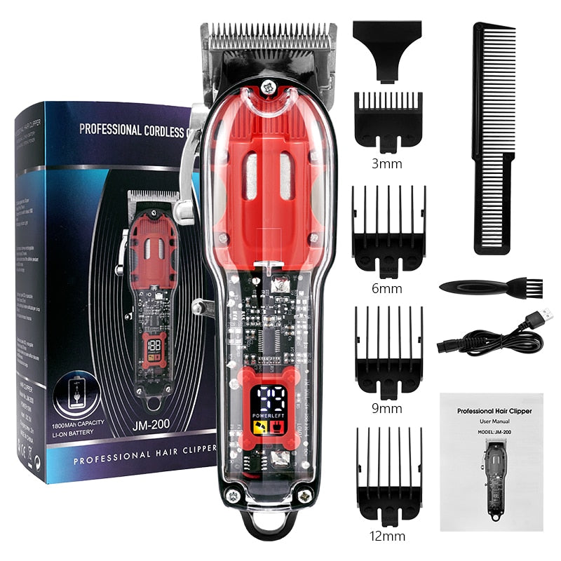 Transparent Electric Trimmer Clippers with USB charging, showcasing ergonomic design and limit combs.