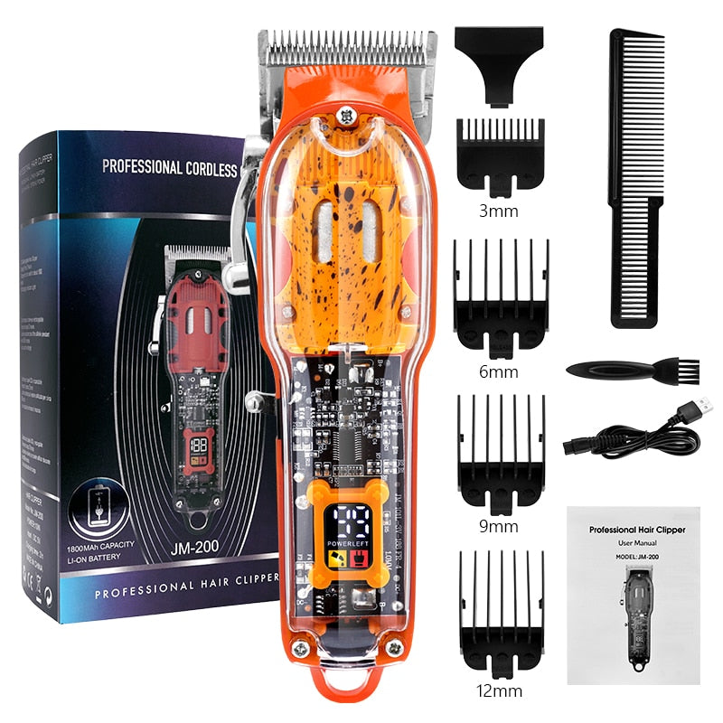 Transparent Electric Trimmer Clippers with USB charging, showcasing ergonomic design and limit combs.