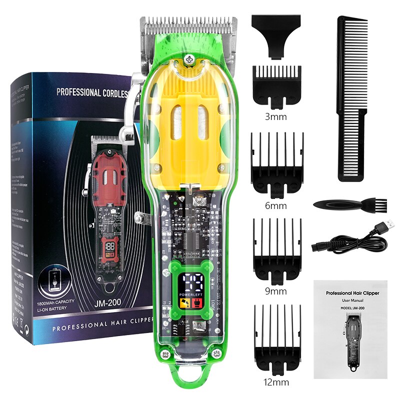 Transparent Electric Trimmer Clippers with USB charging, showcasing ergonomic design and limit combs.