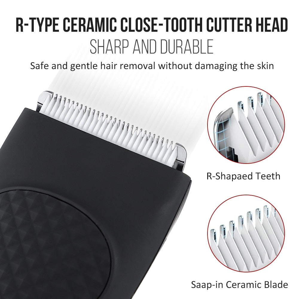 Electric hair cutting machine for men with ceramic blade and USB charging, suitable for family use.