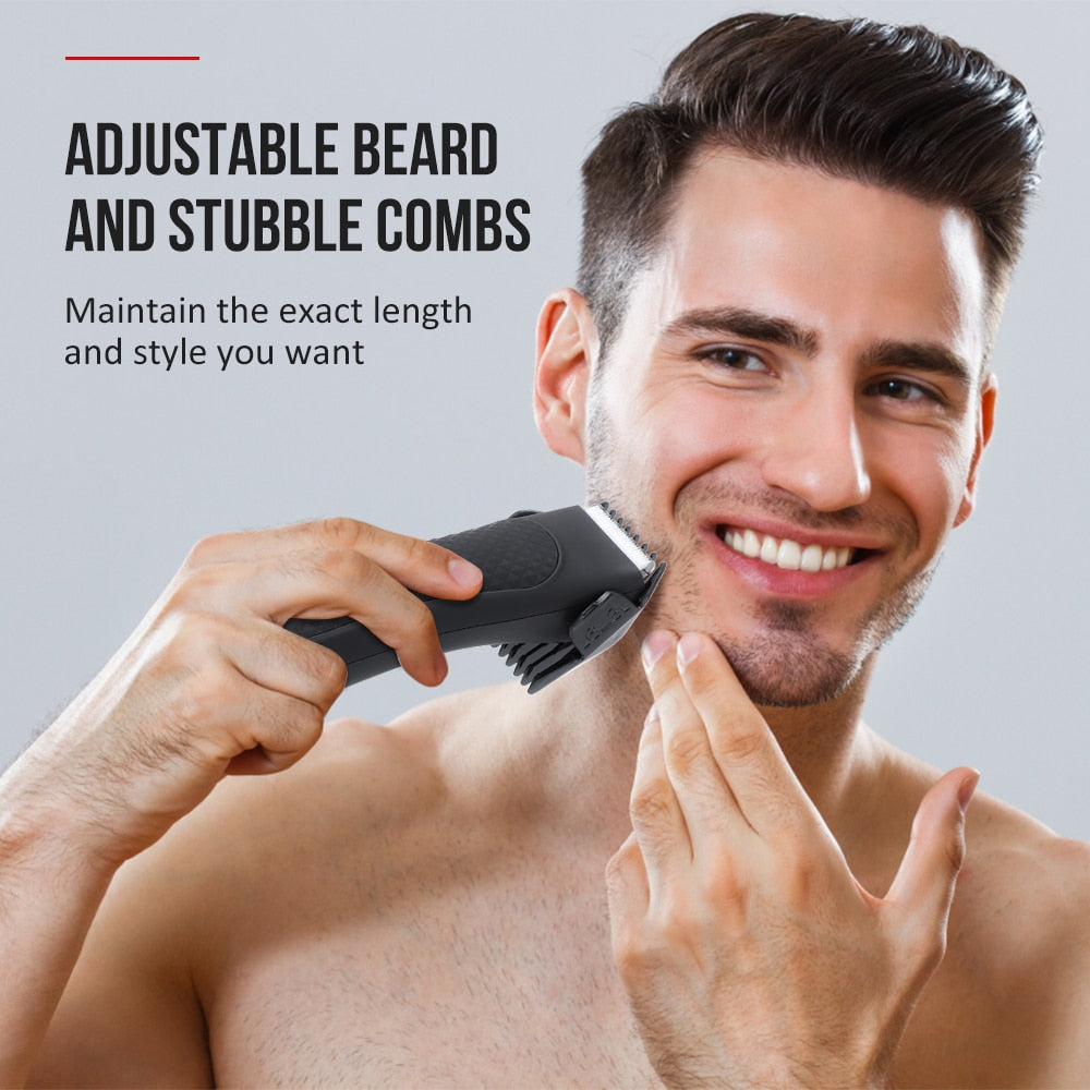 Electric hair cutting machine for men, featuring a sleek design and various attachments for versatile grooming.