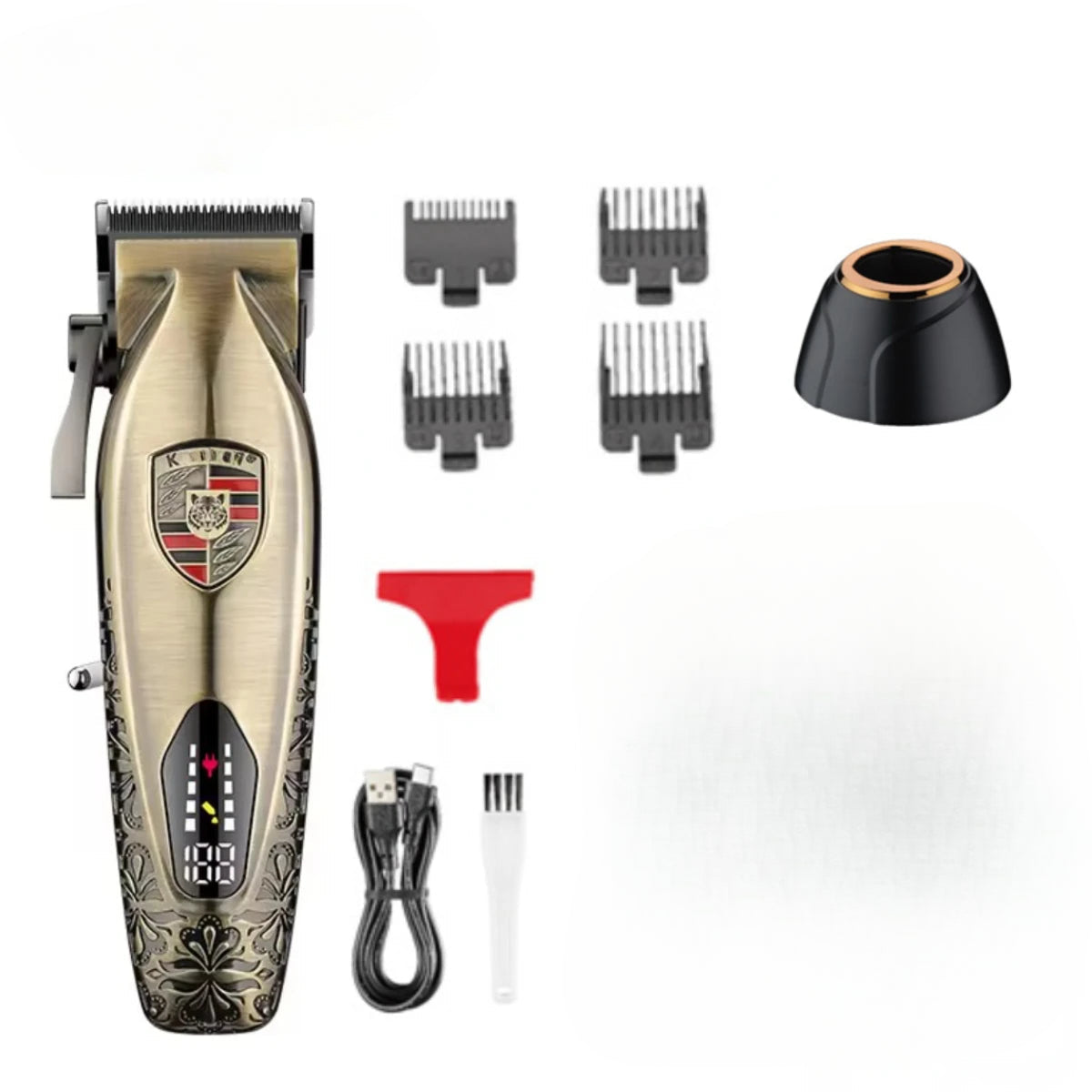 Trimmer Professional Hair Clipper with stainless steel blades and USB charging base, showcasing its sleek metal body and adjustable length lever.