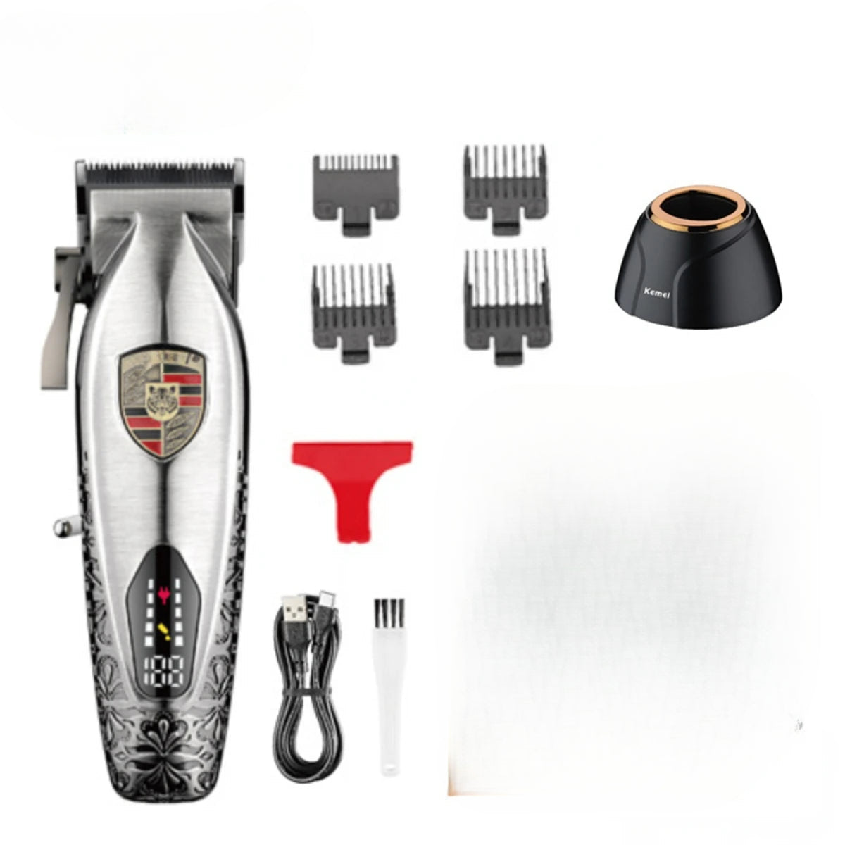 Trimmer Professional Hair Clipper with stainless steel blades and USB charging base, showcasing its sleek metal body and adjustable length lever.