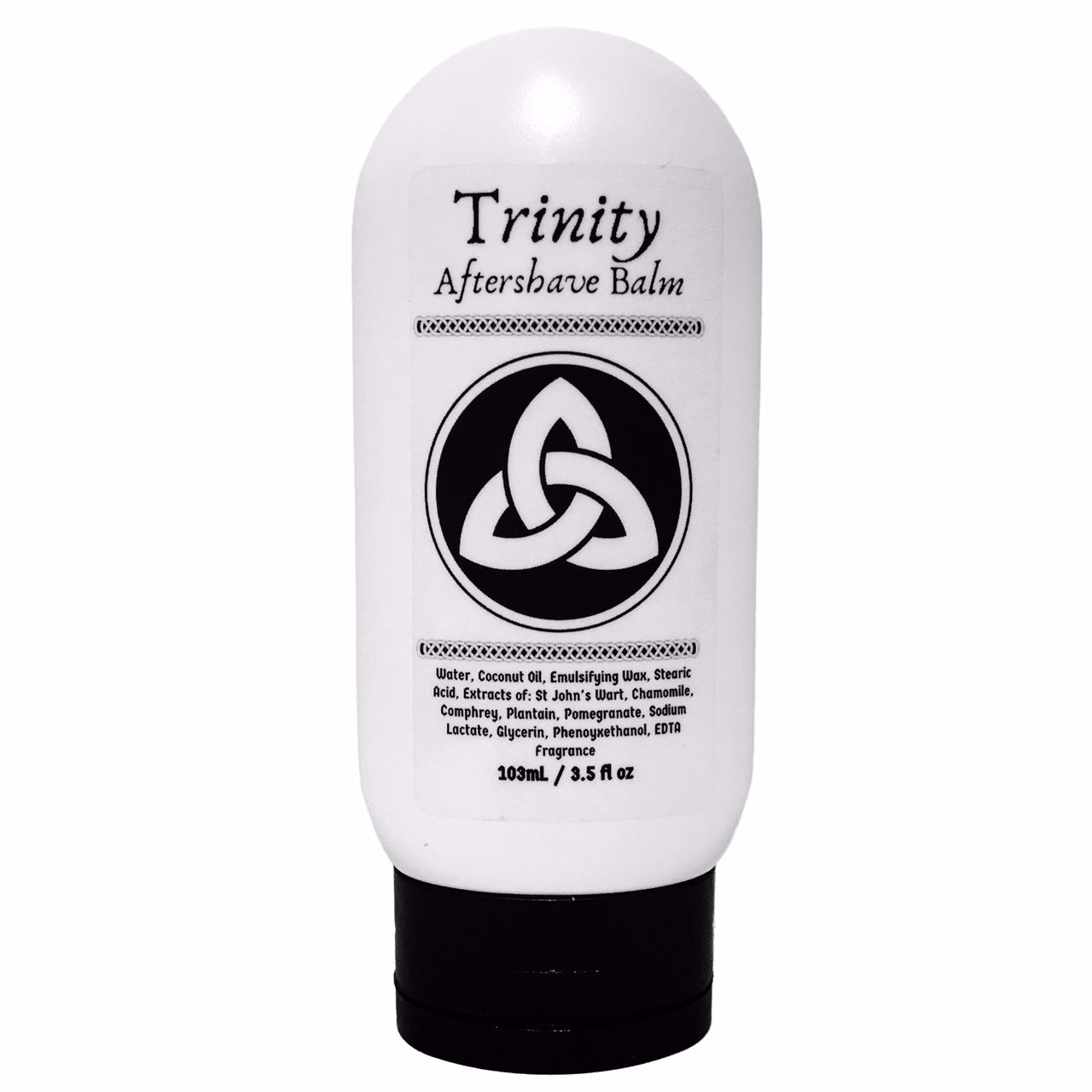 Trinity Aftershave Balm by Murphy and McNeil, featuring a sleek container with Celtic Trinity Knot design, showcasing its luxurious texture.