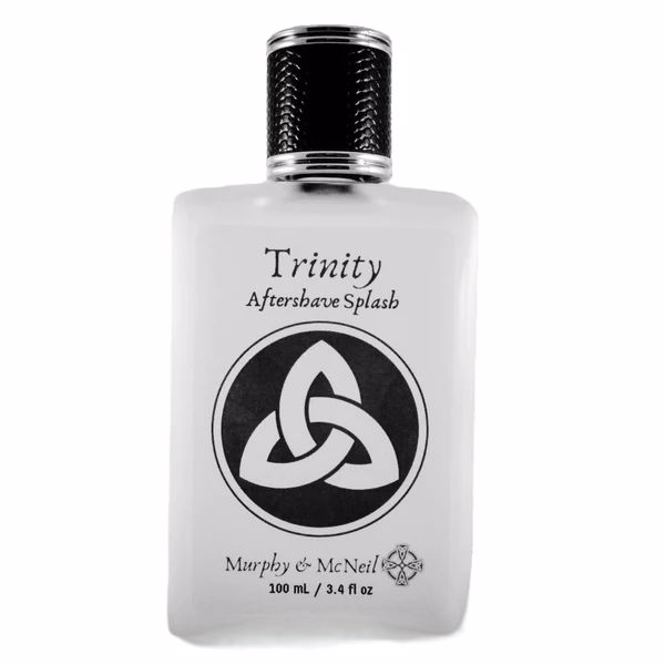 Trinity Aftershave Splash by Murphy and McNeil, featuring a Celtic Trinity Knot design and a 100mL bottle showcasing its elegant packaging.