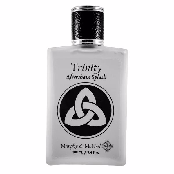 Trinity Aftershave Splash by Murphy and McNeil, featuring a Celtic Trinity Knot design and a 100mL bottle showcasing its elegant packaging.