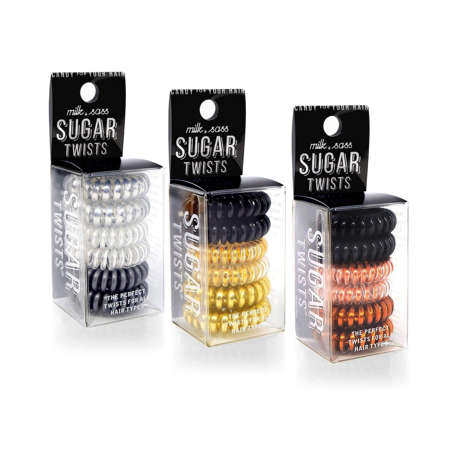 Trio Sugar Twists® gift set featuring three packs of colorful hair coil ties, perfect for stylish hair accessories.