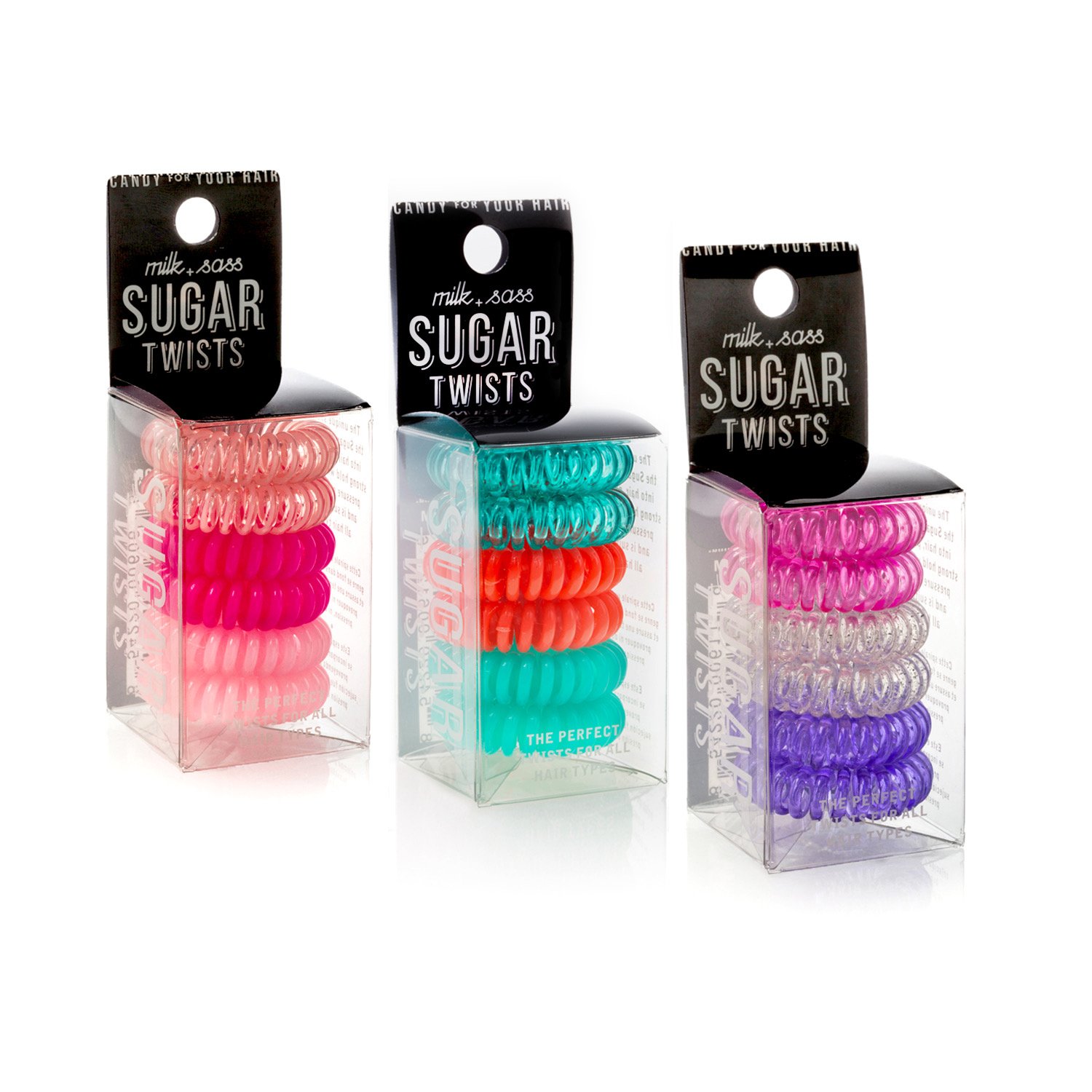 Trio Sugar Twists® gift set featuring three packs of colorful hair coil ties, perfect for stylish hair accessories.