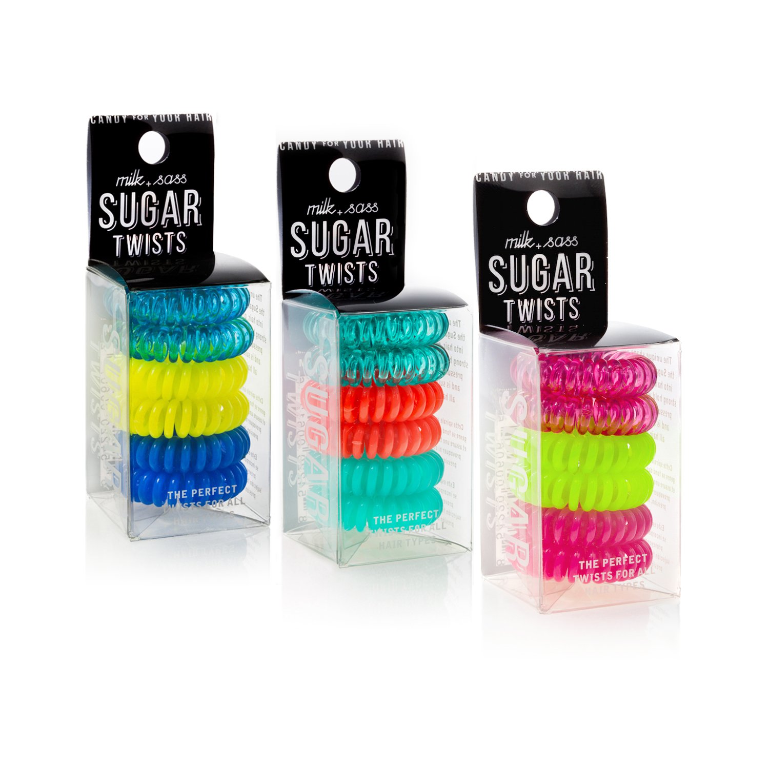 Trio Sugar Twists® gift set featuring three packs of colorful hair coil ties, perfect for stylish hair accessories.