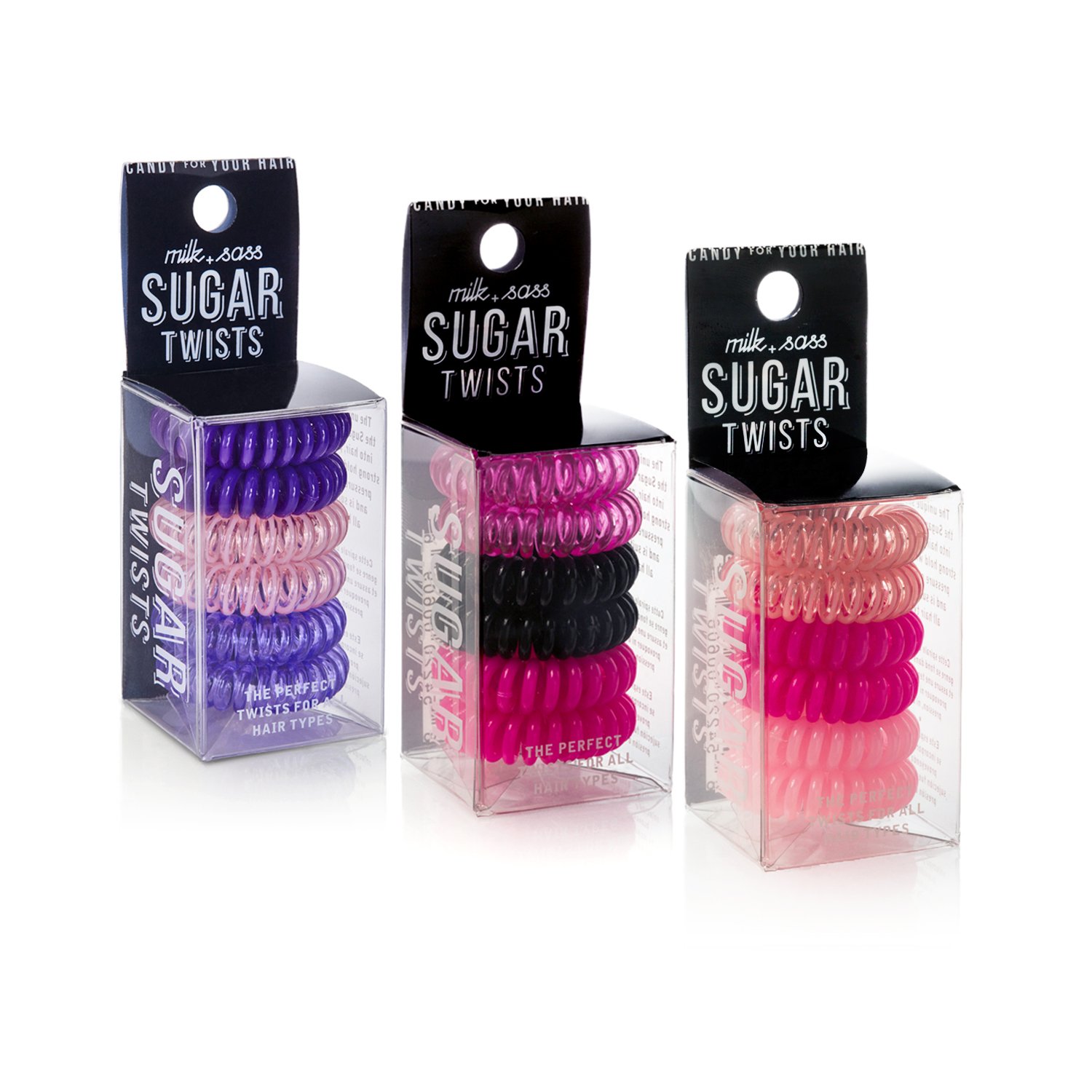 Trio Sugar Twists® gift set featuring three packs of colorful hair coil ties, perfect for stylish hair accessories.