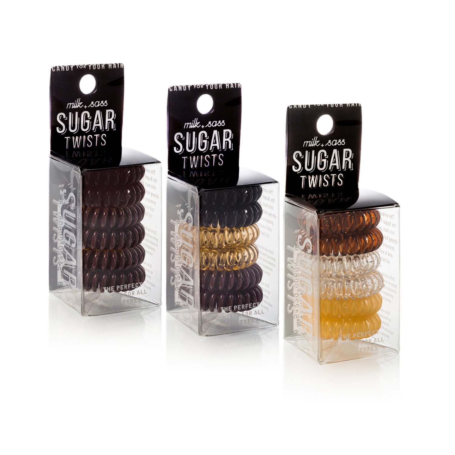 Trio Sugar Twists® gift set featuring three packs of colorful hair coil ties, perfect for stylish hair accessories.