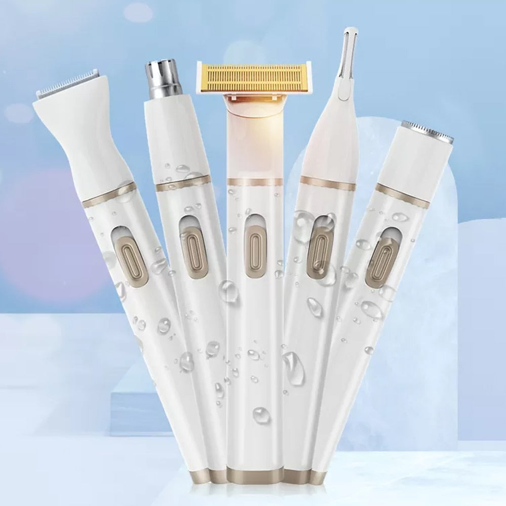 Upgraded 5 in 1 electric shaver for women with multiple attachments for painless hair removal, including eyebrow and nose trimmers.