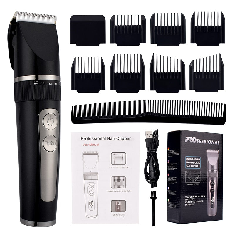 USB Hair Clipper for Men, a sleek rechargeable electric razor with adjustable settings and waterproof design.