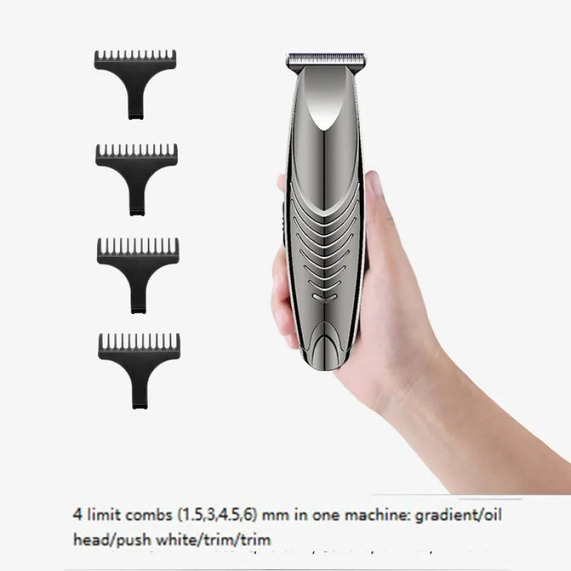 USB Rechargeable Hair Clipper in silver grey color with accessories including combs and cleaning brush.