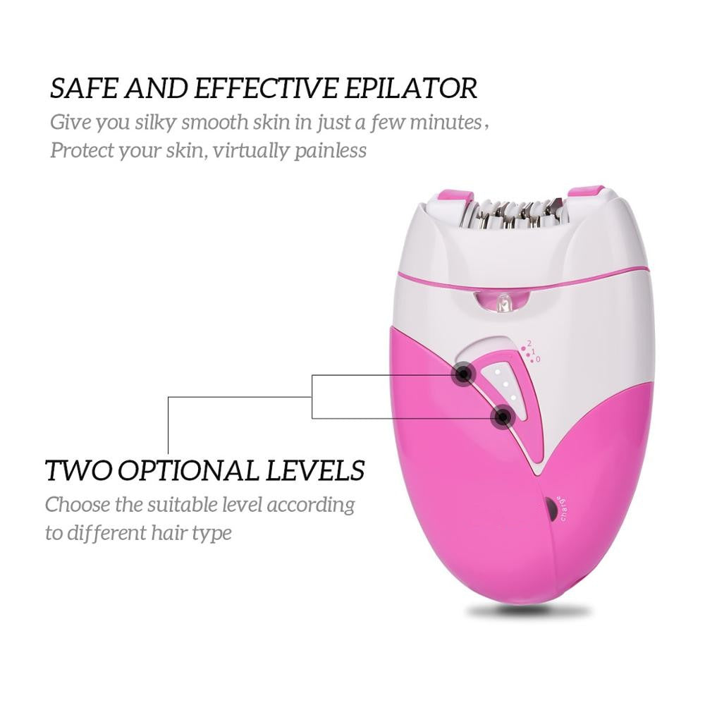 USB rechargeable women epilator in pink color, designed for body and leg hair removal, featuring a compact ergonomic design and illuminated cutter head.