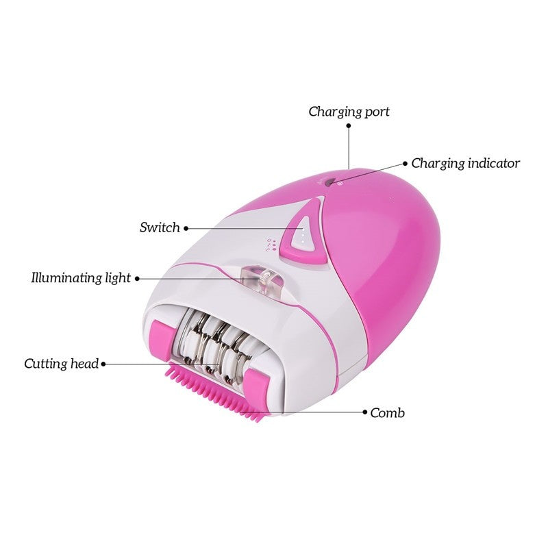 USB rechargeable women epilator in pink color, designed for body and leg hair removal, featuring a compact ergonomic design and illuminated cutter head.