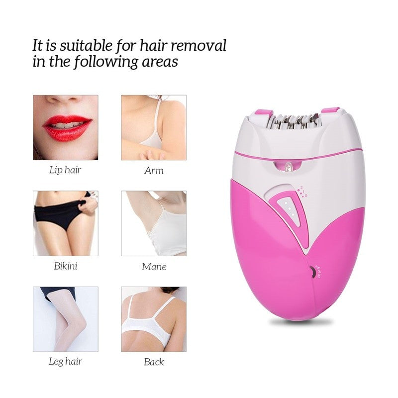 USB rechargeable women epilator in pink color, designed for body and leg hair removal, featuring a compact ergonomic design and illuminated cutter head.