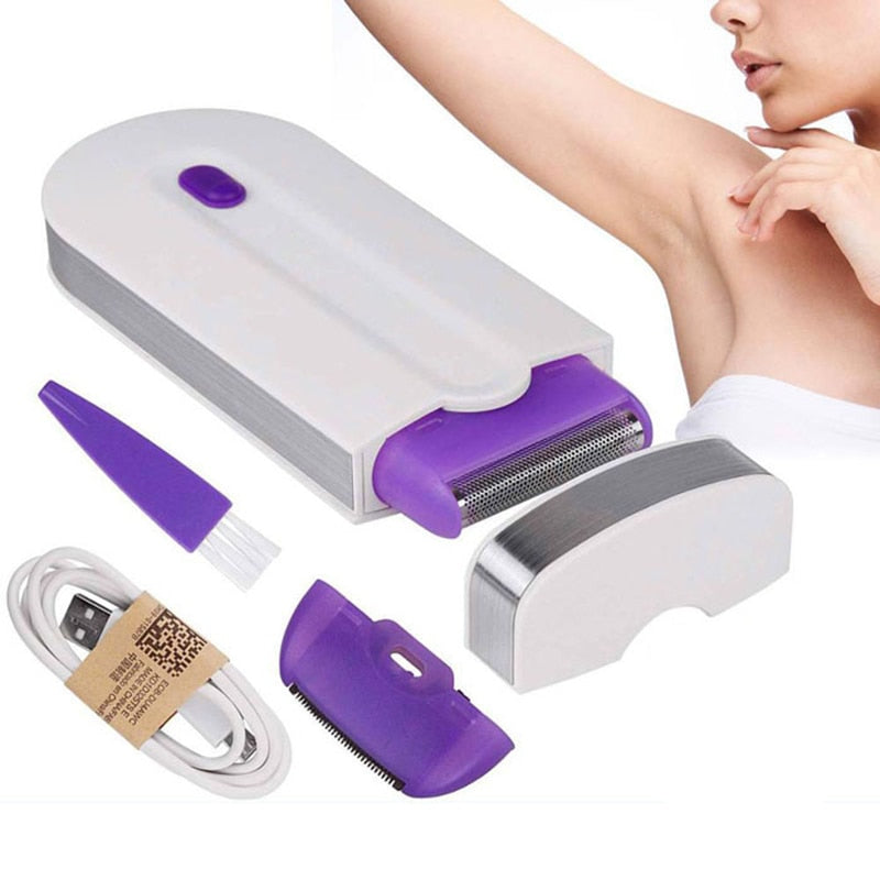 USB Rechargeable Women Epilator in white color, designed for painless hair removal on various body areas, including legs and face.