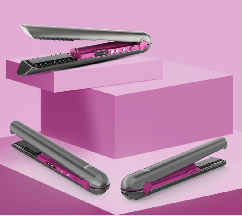 USB Wireless Charging Hair Straightener in purple with ceramic coating, showcasing its sleek design and USB Type-C charging port.